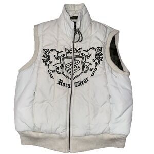 Rocawear Vintage Large Ivory Puffer Vest Unicorns Crown Crest Early‎ 2000s Y2K